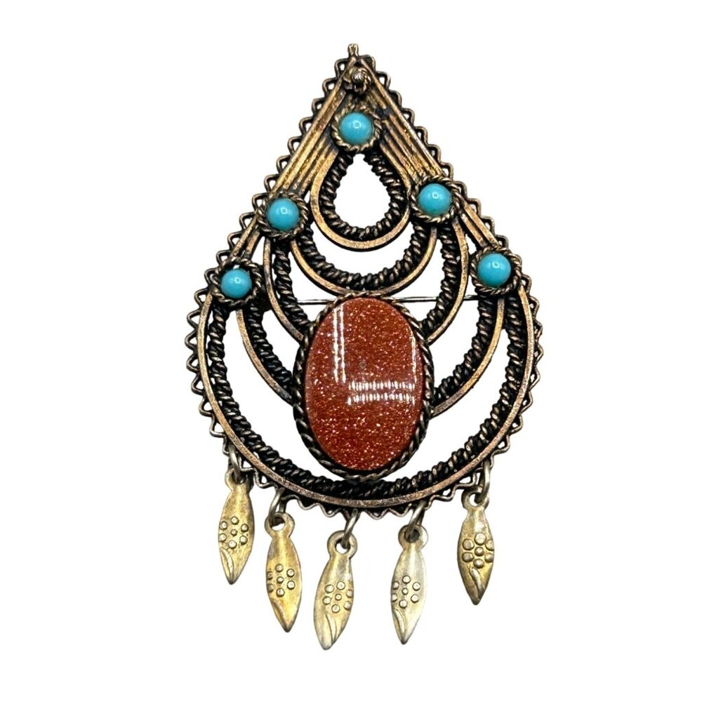 Vintage Silver 800 Pin Brooch Pendant Goldstone and Blue Ballotini Drop Shape